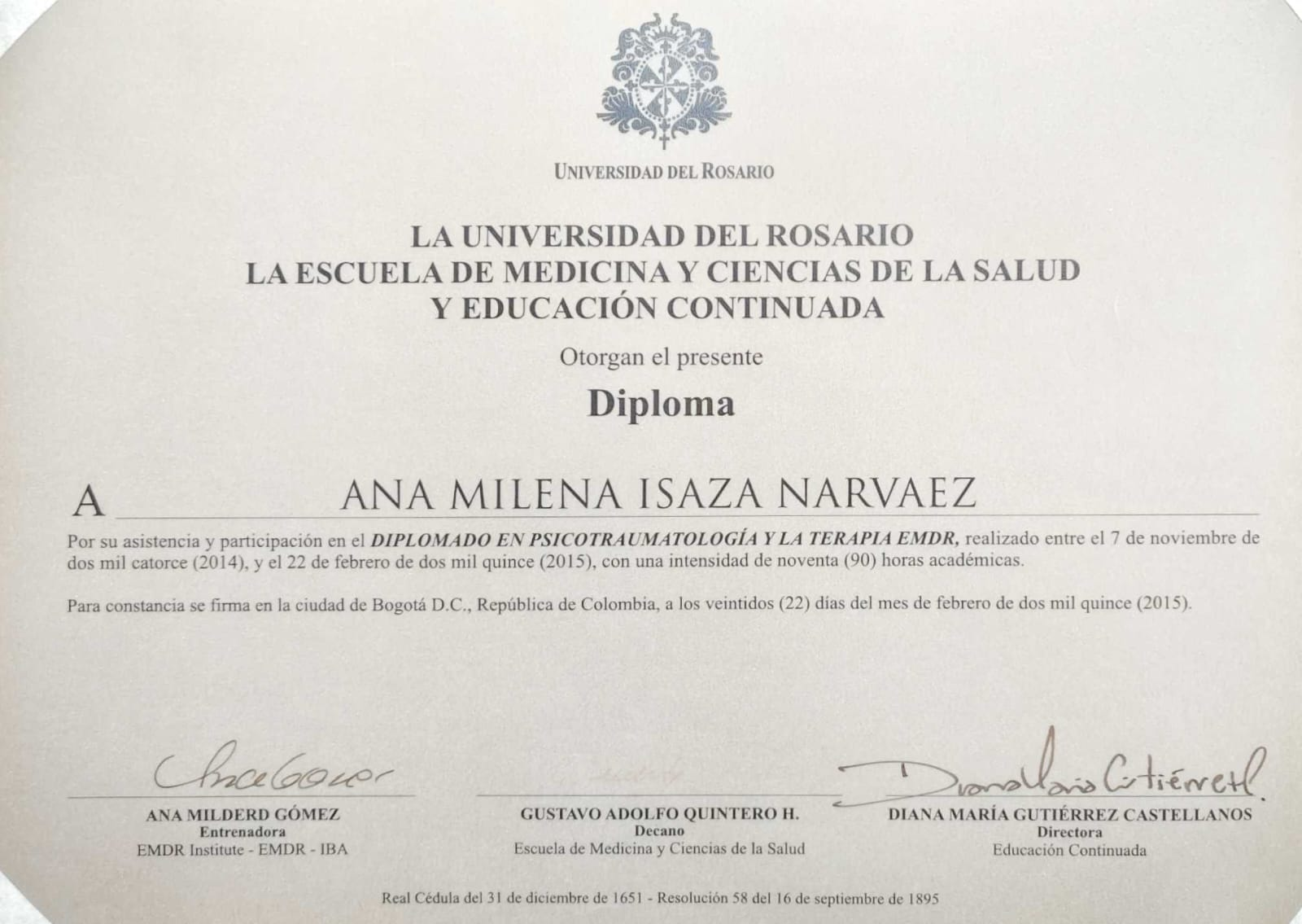 Certificado Diplomado en Psicotraumatología y Terapia EMDR — Universidad del Rosario · Escuela de Medicina y Ciencias de la Salud (90 horas)