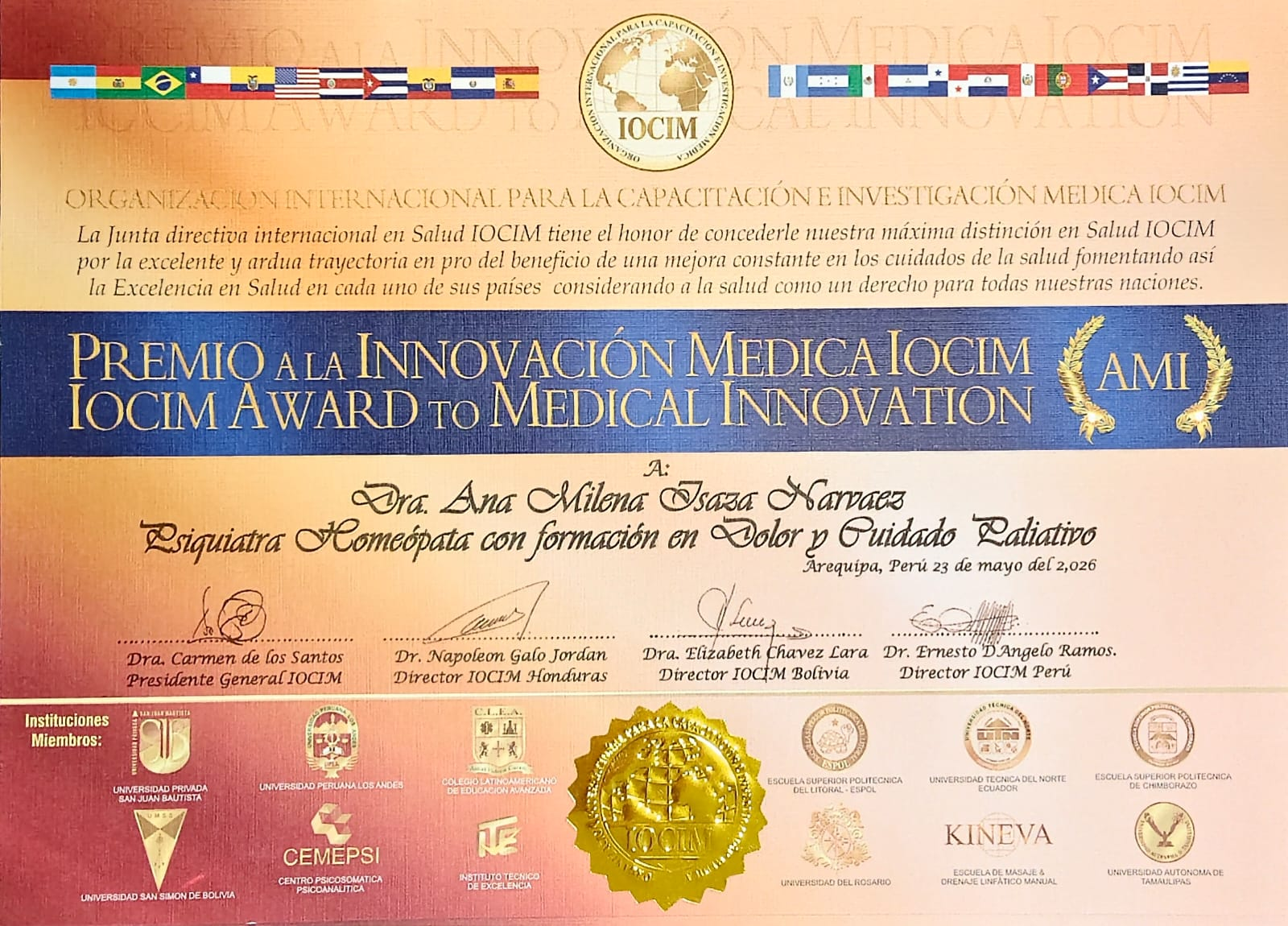 Reconocimiento Premio a la Innovación Médica IOCIM (AMI) — IOCIM Award to Medical Innovation — Máxima distinción en Salud