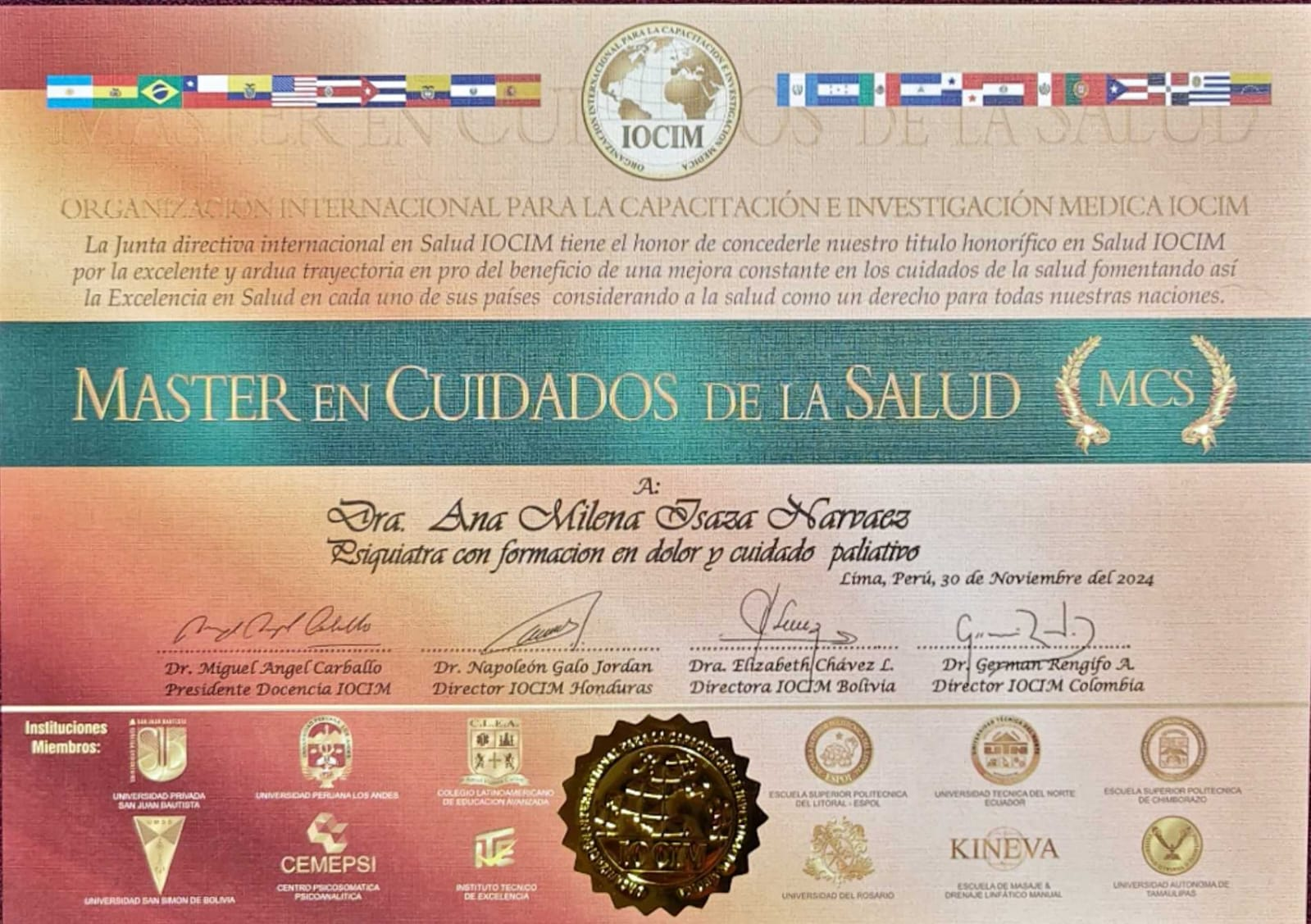 Reconocimiento Máster en Cuidados de la Salud (MCS) — Título honorífico en Salud — IOCIM
