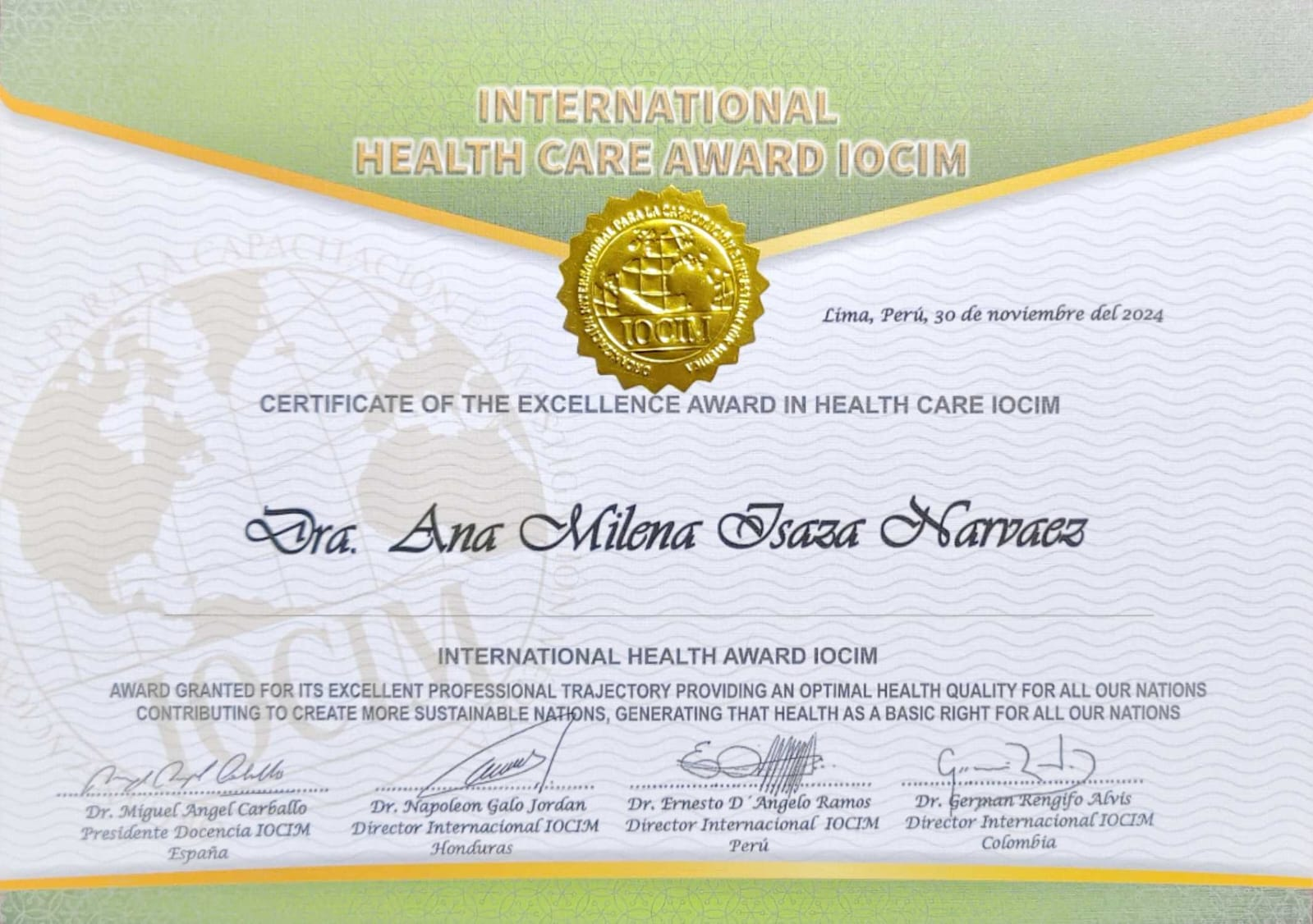 Reconocimiento International Health Care Award IOCIM — Certificate of the Excellence Award in Health Care — IOCIM Internacional