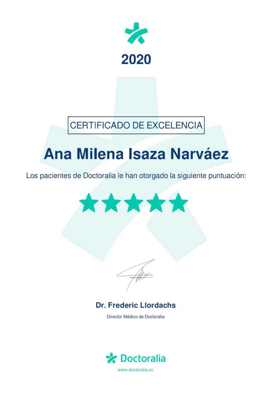 Reconocimiento Certificado de Excelencia Doctoralia — Puntuación 5 estrellas otorgada por pacientes