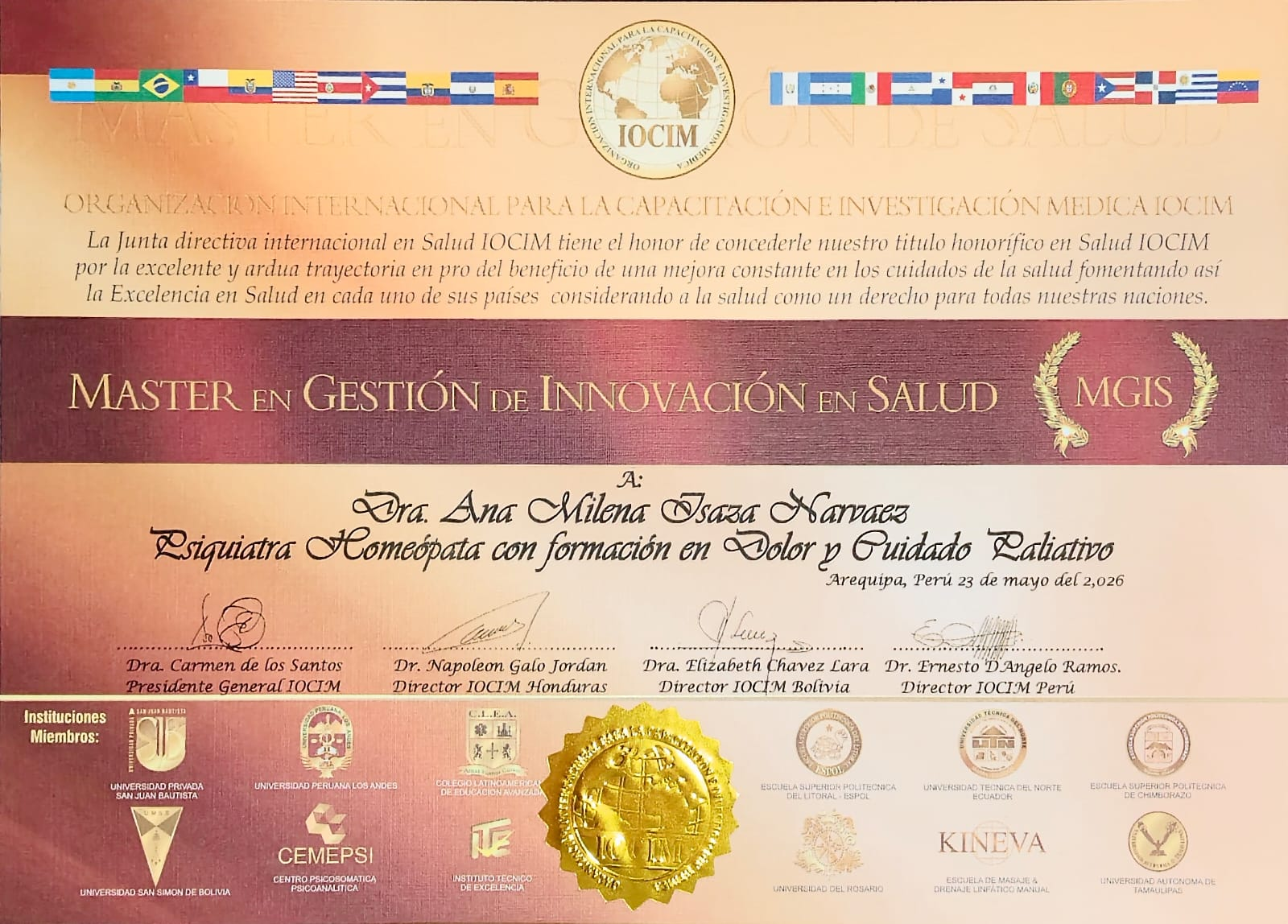 Reconocimiento Máster en Gestión de Innovación en Salud (MGIS) — Título honorífico en Salud — IOCIM