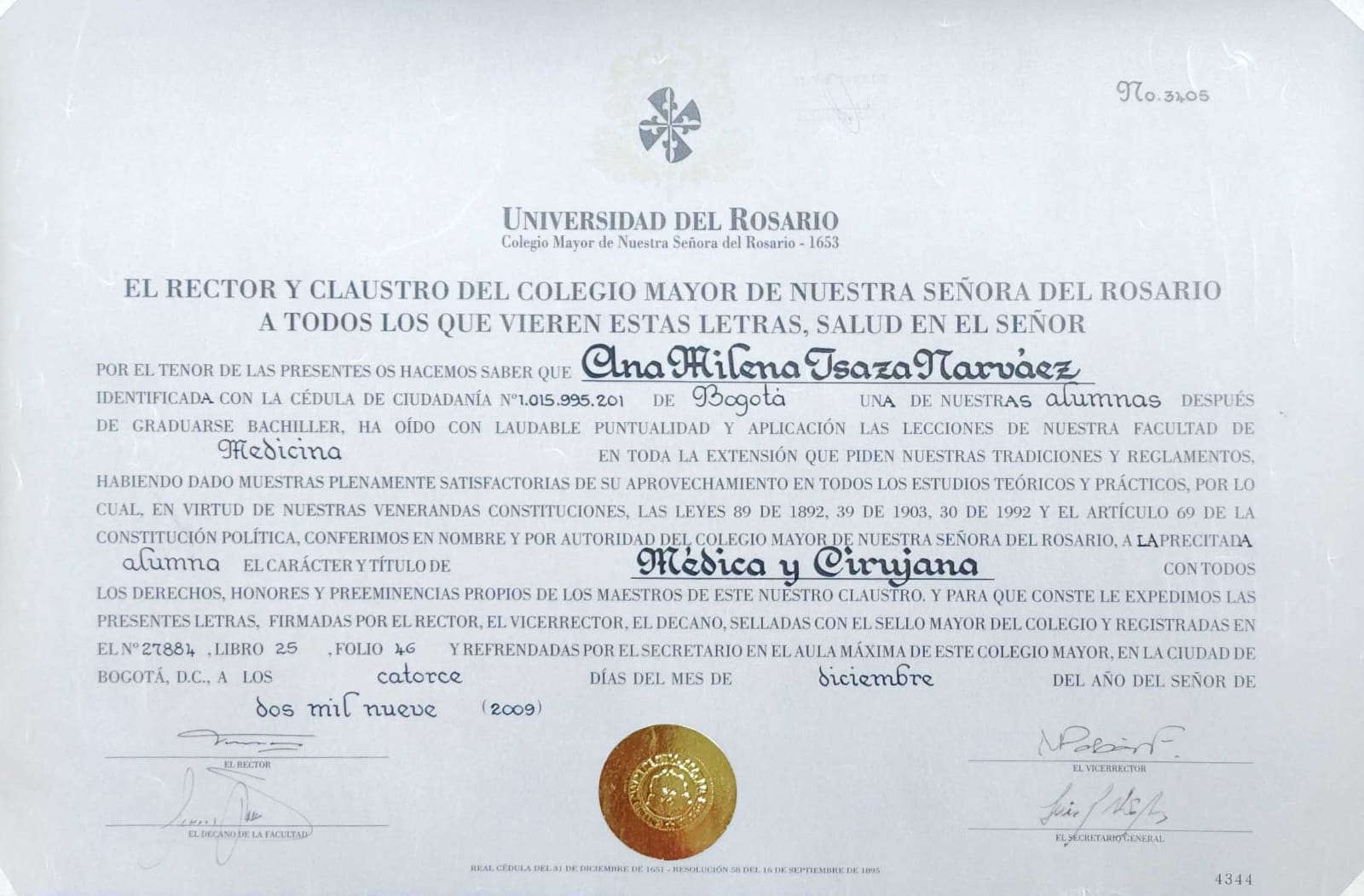 Diploma Médica y Cirujana — Universidad del Rosario