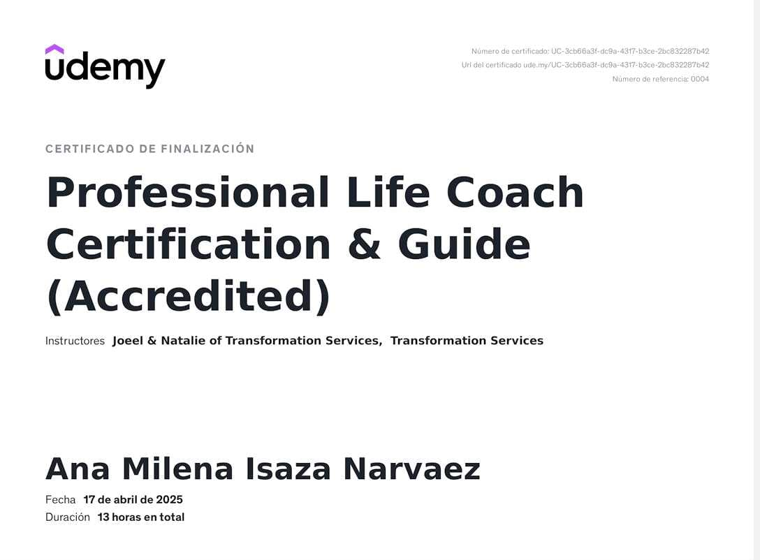 Certificado Professional Life Coach Certification & Guide (Accredited) — Udemy · Transformation Services (13 horas)