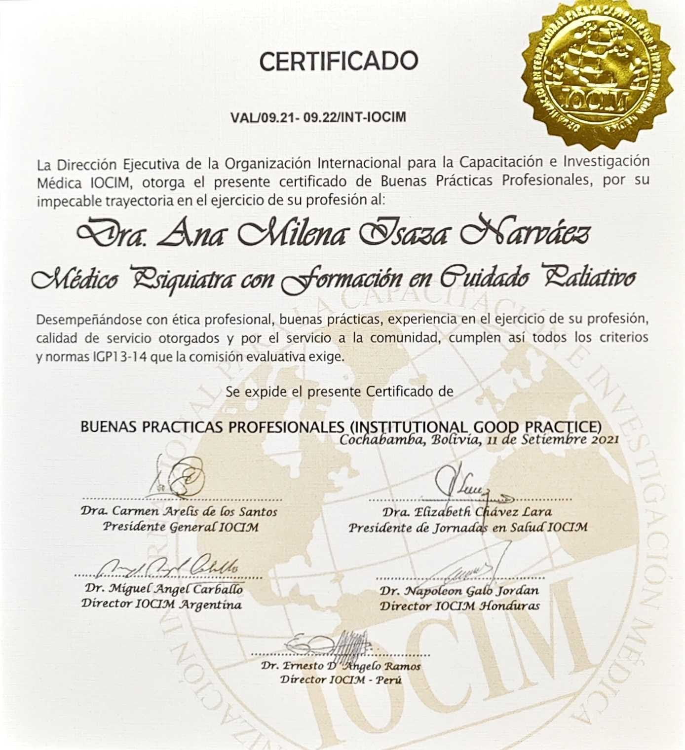 Reconocimiento Buenas Prácticas Profesionales (Institutional Good Practice) — Dirección Ejecutiva IOCIM — Normas IGP 13-14