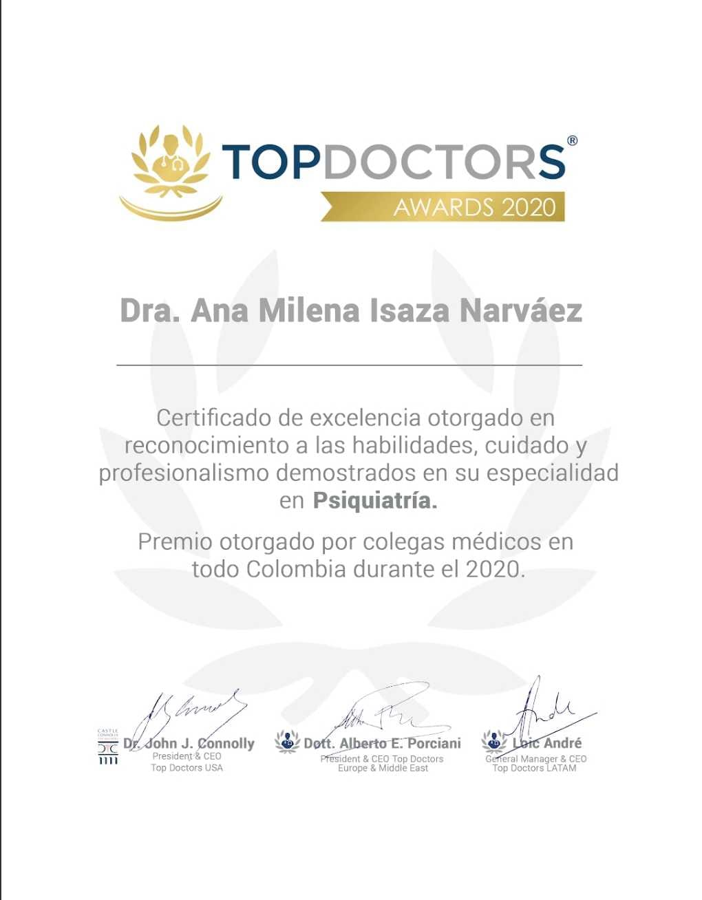 Reconocimiento Top Doctors Awards — Excelencia en Psiquiatría — Reconocimiento otorgado por colegas médicos en Colombia