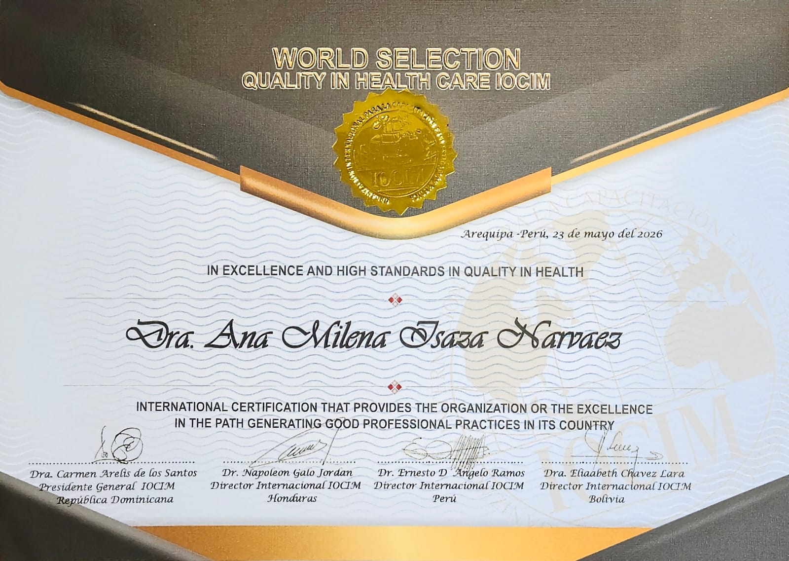 Reconocimiento World Selection — Quality in Health Care IOCIM — International Certification for Excellence and High Standards in Quality in Health