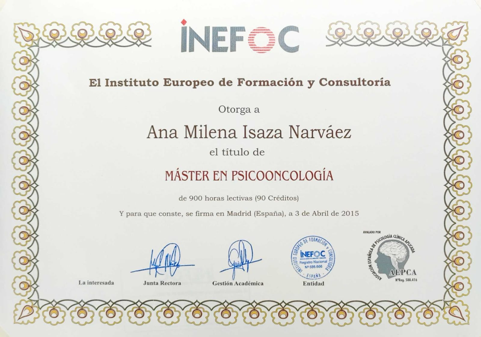 Diploma Máster en Psicooncología — Instituto Europeo de Formación y Consultoría (INEFOC) · AEPCA