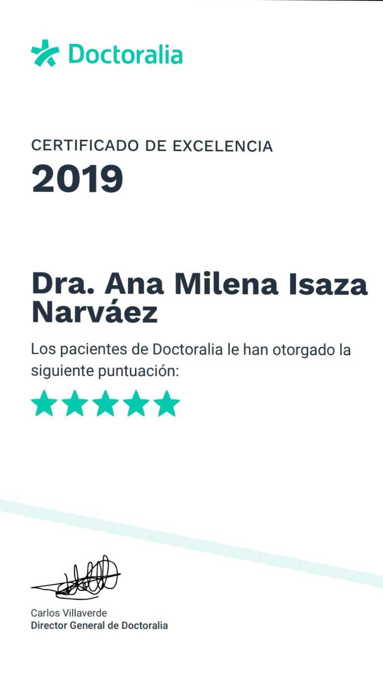 Reconocimiento Certificado de Excelencia Doctoralia — Puntuación 5 estrellas otorgada por pacientes