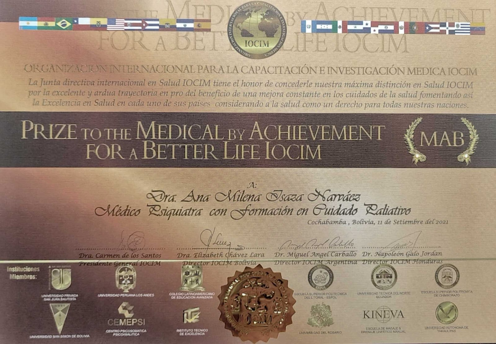 Reconocimiento Prize to the Medical by Achievement for a Better Life (MAB) — IOCIM — Máxima distinción en Salud