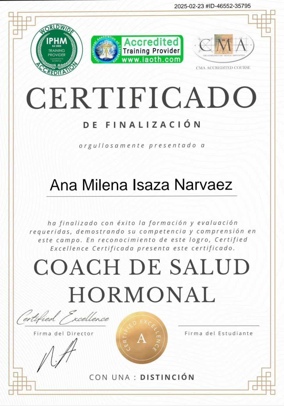 Certificado Coach de Salud Hormonal — Certified Excellence · IPHM & CMA Accredited (con distinción)