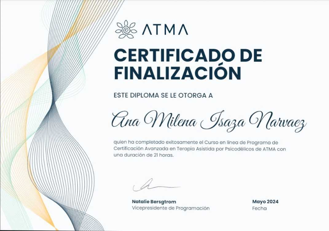 Certificado Certificación Avanzada en Terapia Asistida por Psicodélicos — ATMA · Programa de Certificación Avanzada (21 horas)