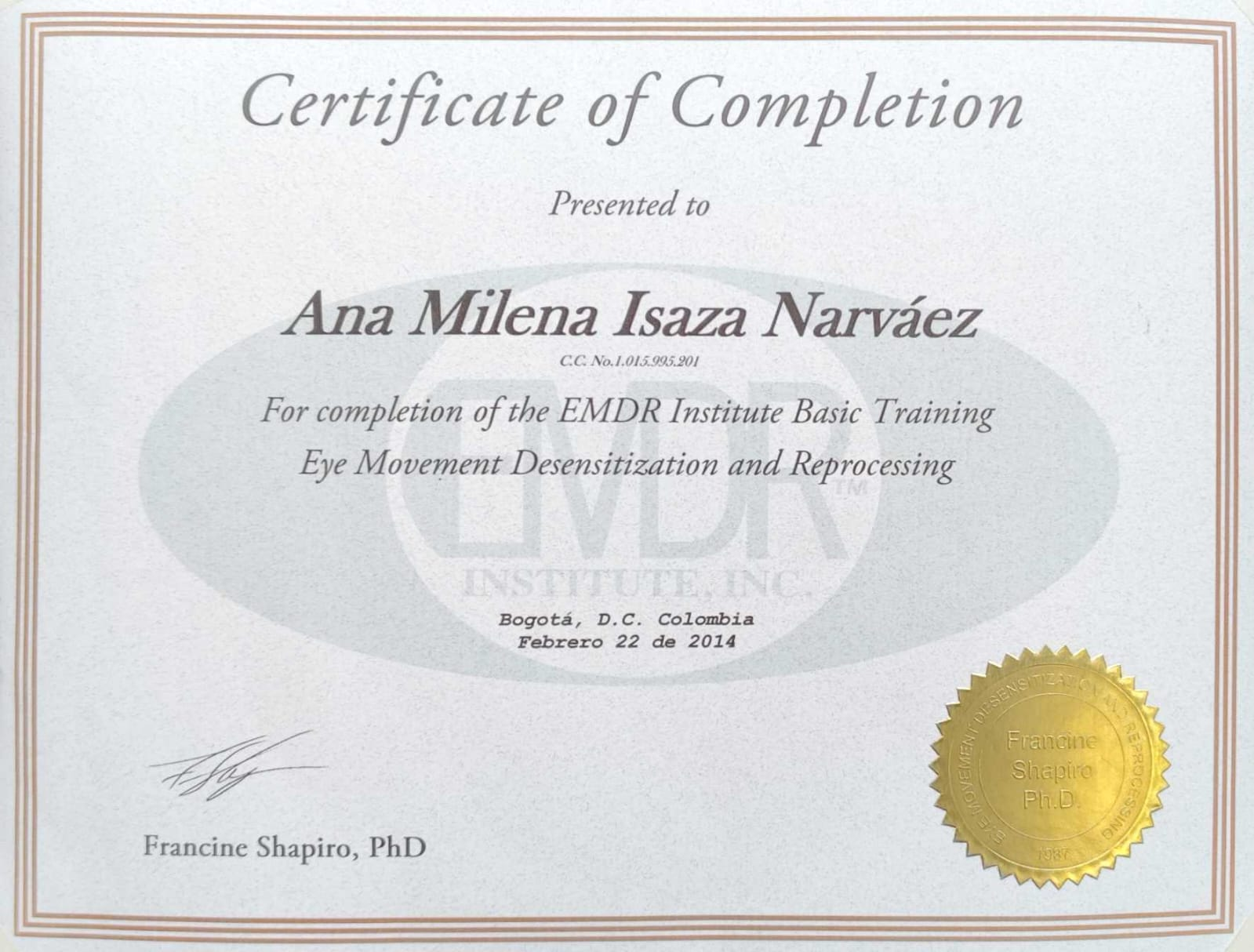 Certificado EMDR Basic Training — EMDR Institute, Inc. — Francine Shapiro, PhD